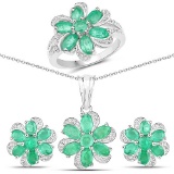 4.93 CTW Genuine Zambian Emerald and White Topaz .925 Sterling Silver 3 Piece Jewelry Set (Ring Earr