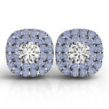 Round Cut Diamond & Tanzanite Double Cushion Halo Stud Earrings 14k White Gold (1.55 ctw)
