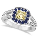 Yellow Diamond & Sapphire Milgrain-Edge Ring 14k White Gold (1.07 ctw)