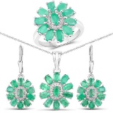 7.80 CTW Genuine Zambian Emerald and White Topaz .925 Sterling Silver 3 Piece Jewelry Set (Ring Earr