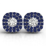 Round Cut Diamond & Sapphire Double Cushion Halo Stud Earrings 14k White Gold (1.80 ctw)