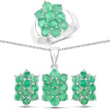 6.60 CTW Genuine Zambian Emerald .925 Sterling Silver 3 Piece Jewelry Set (Ring Earrings and Pendant