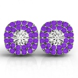 Round Cut Diamond & Amethyst Double Cushion Halo Stud Earrings 14k White Gold (1.60 ctw)