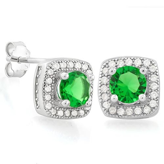 1 1/5 CTW CREATED EMERALD & 1/2 CTW (48 PCS) FLAWLESS CREATED DIAMOND 925 STERLING SILVER EARRINGS