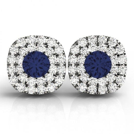 Round Cut Sapphire & Diamond Double Cushion Halo Stud Earrings 14k White Gold (1.80ctw)