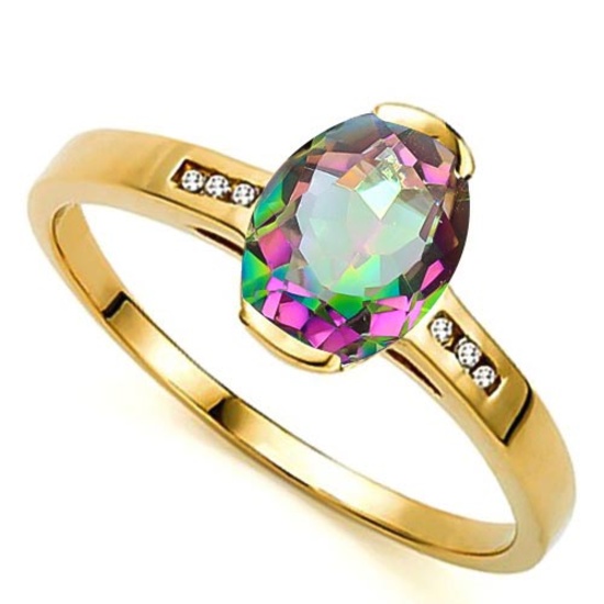 1.15 CTW MYSTIC GEMSTONE & GENUINE DIAMOND 10K SOLID YELLOW GOLD RING