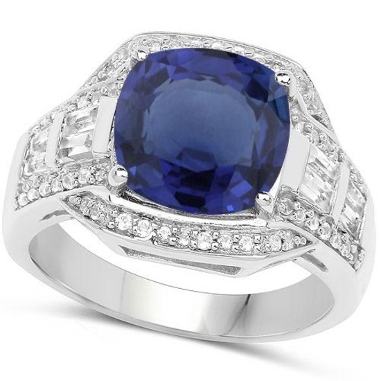 4.70 CTW Genuine Blue Sapphire And Diamond 14K W Gold Ring