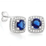 1 1/5 CTW CREATED BLUE SAPPHIRE & 1/2 CTW (48 PCS) FLAWLESS CREATED DIAMOND 925 STERLING SILVER EARR