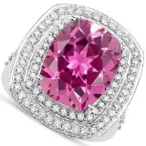 4.90 CTW Genuine Pink Troumaline And Diamond 14K W Gold Ring