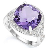5.50 CTW CREATED AMETHYST & 2PCS CREATED WHITE SAPPHIRE 925 STERLING SILVER RING