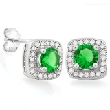 1 1/5 CTW CREATED EMERALD & 1/2 CTW (48 PCS) FLAWLESS CREATED DIAMOND 925 STERLING SILVER EARRINGS