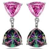 2 CTW CREATED PINK SAPPHIRE & 2 1/3 CTW MYSTIC GEMSTONE 925 STERLING SILVER EARRINGS