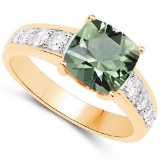 Certified 1.85 CTW Genuine Green Amethyst And Diamond 14K Yellow Gold Ring