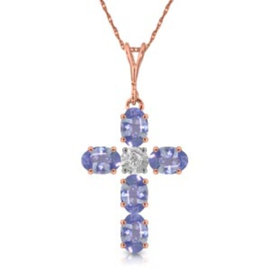 1.75 Carat 14K Solid Rose Gold Cross Necklace Natural Diamond Tanzanite