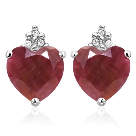 1.95 CARAT RUBY 10K SOLID WHITE GOLD HEART SHAPE EARRING WITH 0.03 CTW DIAMOND