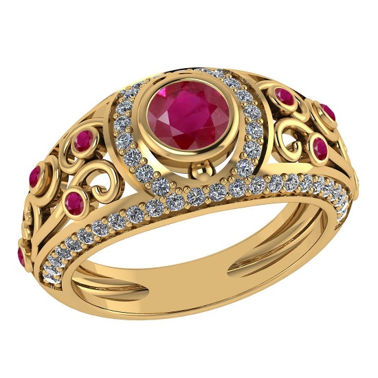 Certified 1.08 Ctw Ruby And Diamond Wedding/Engagement 14K Yellow Gold Halo Ring