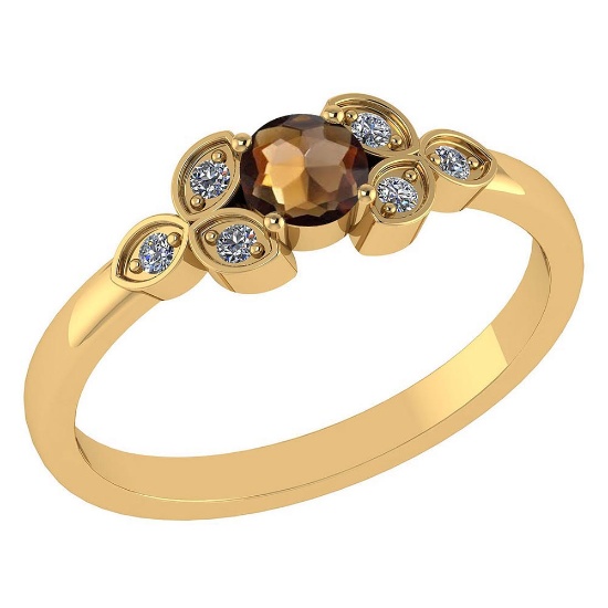 Certified .39 CTW Genuine Smoky And Diamond (G-H/SI1-SI2) 14K Yellow Gold Ring