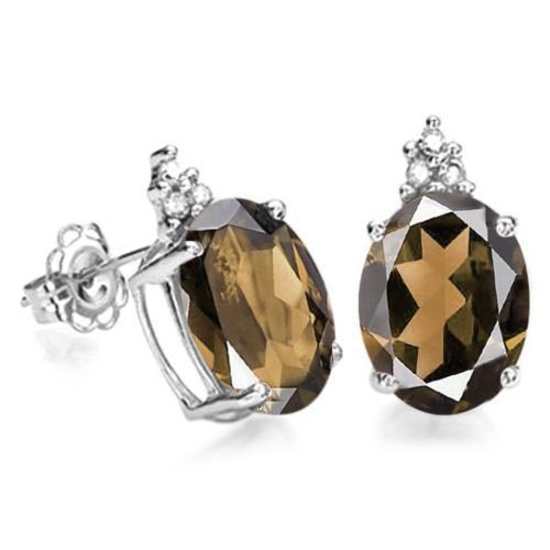 1.4 CARAT SMOKEY 10K SOLID WHITE GOLD OVAL SHAPE EARRING WITH 0.03 CTW DIAMOND