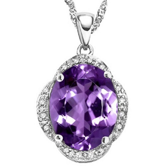 3.65 CTW GENUINE AMETHYST & (16 PCS) DIAMOND 10KT SOLID WHITE GOLD PENDANT