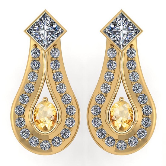 Certified 1.23 Ctw Citrine Diamond Wedding/Engagement 14K Yellow Gold Stud Earrings