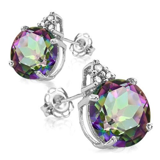 1.6 CARAT MYSTICS GEMSTONE 10K SOLID WHITE GOLD ROUND SHAPE EARRING WITH 0.03 CTW DIAMOND