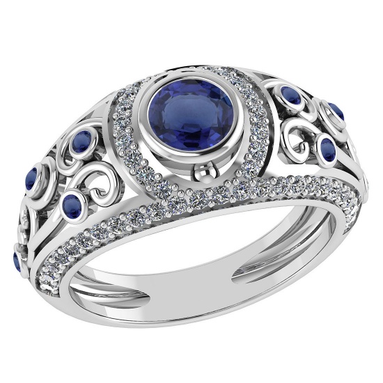 Certified 1.08 Ctw Blue Sapphire And Diamond Wedding/Engagement 14K White Gold Halo Ring G-H VS/SI1