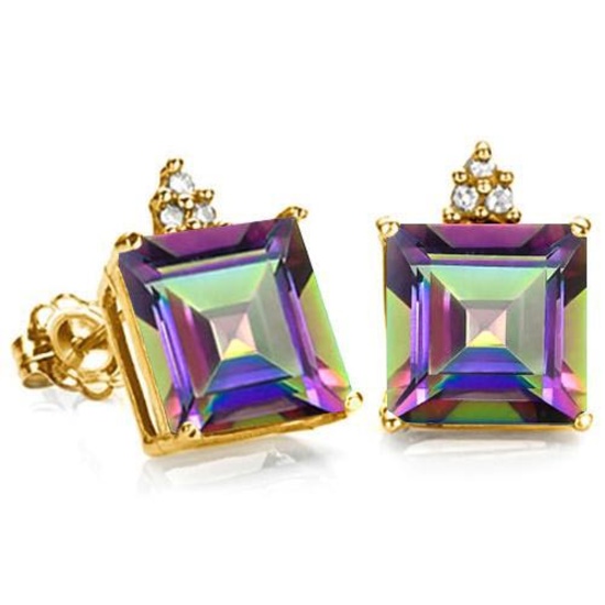 1.85 CARAT MYSTICS GEMSTONE 10K SOLID YELLOW GOLD SQUARE SHAPE EARRING WITH 0.03 CTW DIAMOND