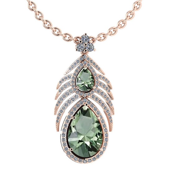Certified 7.50 Ctw Green Amethyst And Diamond Pear shape Necklace For womens 14K Rose Gold (VS/SI1)