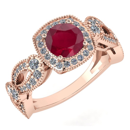 Certified 1.83 Ctw Ruby And Diamond Wedding/Engagement 14K Rose Gold Halo Ring