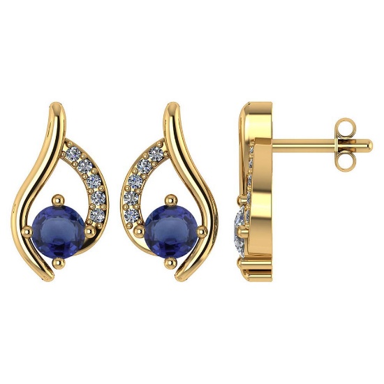 Certified .51 CTW Genuine Blue Sapphire And Diamond (G-H/SI1-SI2) 14K Yellow Gold Stud Earring