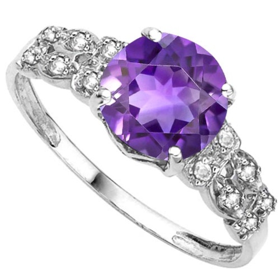 1.9 CTW GENUINE AMETHYST & GENUINE DIAMOND (12 PCS) 10KT SOLID WHITE GOLD RING