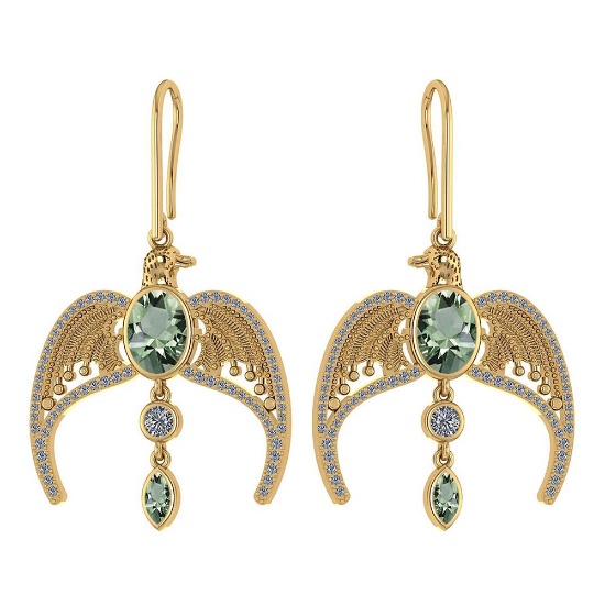 Certified 3.46 Ctw Green Amethyst And Diamond Eagle Wire Hook Earrings For womens collection 14K Yel