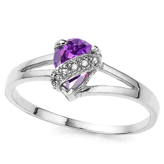 0.55 CTW GENUINE AMETHYST & GENUINE DIAMOND (6 PCS) 10KT SOLID WHITE GOLD RING