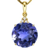 1.34 CTW CREATED TANZANITE 10K SOLID YELLOW GOLD ROUND SHAPE PENDANT WITH ANCENT DIAMONDS