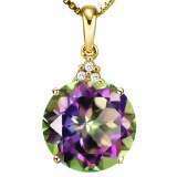0.64 CTW RAINBOW MYSTIC 10K SOLID YELLOW GOLD ROUND SHAPE PENDANT WITH ANCENT DIAMONDS