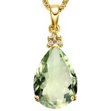 0.63 CTW GREEN AMETHYST 10K SOLID YELLOW GOLD PEAR SHAPE PENDANT WITH ANCENT DIAMONDS