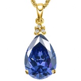 1.02 CTW CREATED TANZANITE 10K SOLID YELLOW GOLD PEAR SHAPE PENDANT WITH ANCENT DIAMONDS