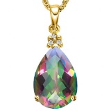 0.53 CTW RAINBOW MYSTIC 10K SOLID YELLOW GOLD PEAR SHAPE PENDANT WITH ANCENT DIAMONDS