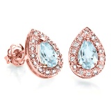 0.37 CT AQUAMARINE AND ACCENT DIAMOND 10KT SOLID ROSE GOLD EARRING