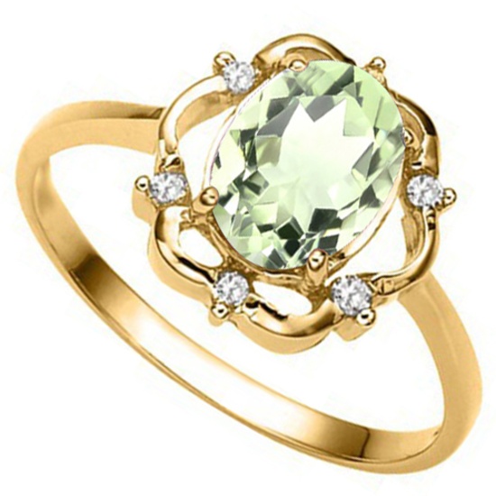 1.01 CT GREEN AMETHYST AND ACCENT DIAMOND 0.02 CT 10KT SOLID YELLOW GOLD RING