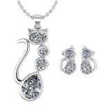 Certified 2.37 Ctw Diamond Cat Necklace + Earrings Jewelry Set 14K White Gold (SI2/I1)