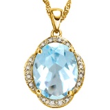 5.5 CTW GENUINE SKY BLUE TOPAZ & (16 PCS) DIAMOND 10KT SOLID YELLOW GOLD PENDANT