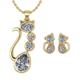 Certified 2.37 Ctw Diamond Cat Necklace + Earrings Jewelry Set 14K Yellow Gold (SI2/I1)