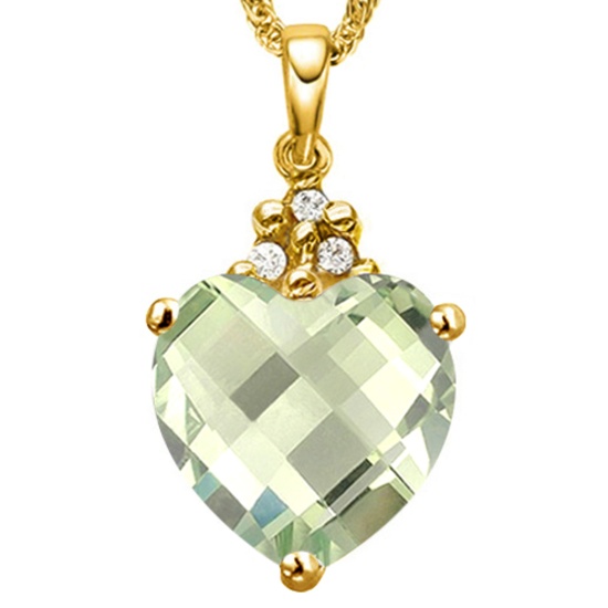 0.65 CTW GREEN AMETHYST 10K SOLID YELLOW GOLD HEART SHAPE PENDANT WITH ANCENT DIAMONDS