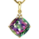 0.74 CTW RAINBOW MYSTICS 10K SOLID YELLOW GOLD CUSHION SHAPE PENDANT WITH ANCENT DIAMONDS