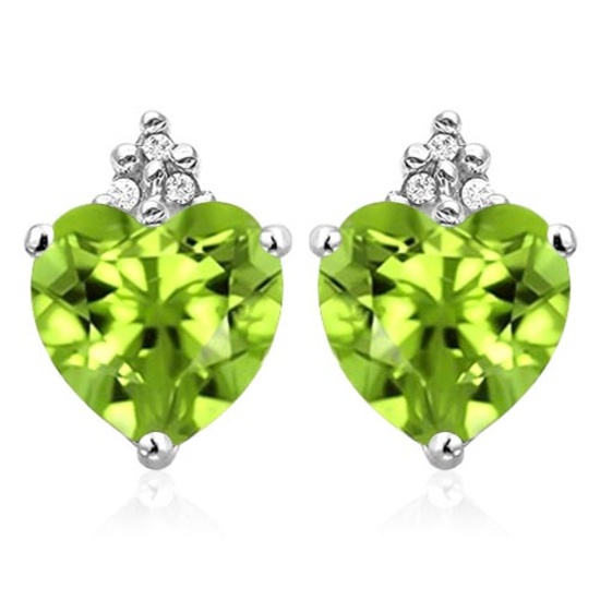 1.65 CARAT PERIDOT 10K SOLID WHITE GOLD HEART SHAPE EARRING WITH 0.03 CTW DIAMOND