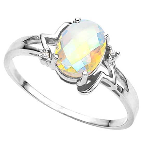 1.14 CT WHITE MYSTIC QUARTZ AND ACCENT DIAMOND 0.01 CT 10KT SOLID WHITE GOLD RING