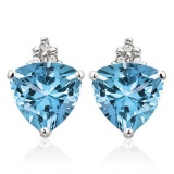 1.55 CARAT SKY BLUE TOPAZ 10K SOLID WHITE GOLD TRILLION SHAPE EARRING WITH 0.03 CTW DIAMOND