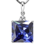 1.7 CTW CREATED TANZANITE 10K SOLID WHITE GOLD SQUARE SHAPE PENDANT WITH ANCENT DIAMONDS