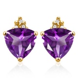 2.0 CARAT CREATED AMETHYST 10K SOLID YELLOW GOLD TRILLION SHAPE EARRING WITH 0.03 CTW DIAMOND